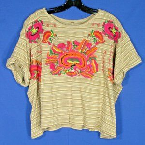 FREE PEOPLE Catalunya Tee TAN/BEIGE/MULTI Embroidered OVER-SIZED Knit Top Sz XS